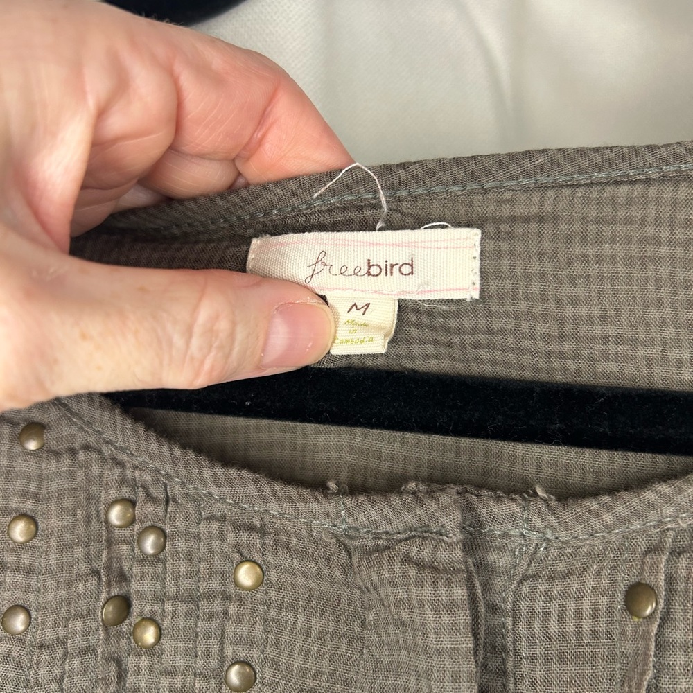 Freebird Green Long Sleeve Subtle Plaid Metallic Detail Military Top Cotton - Picture 3 of 4